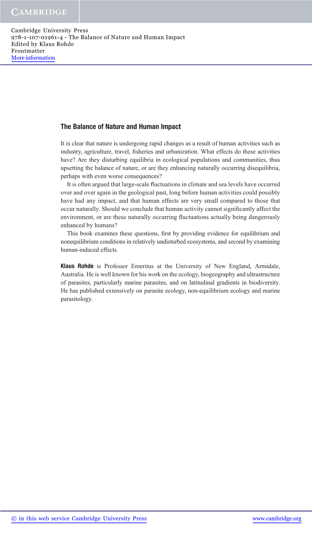 The Balance of Nature and Human Impact Edited by Klaus Rohde Frontmatter More Information