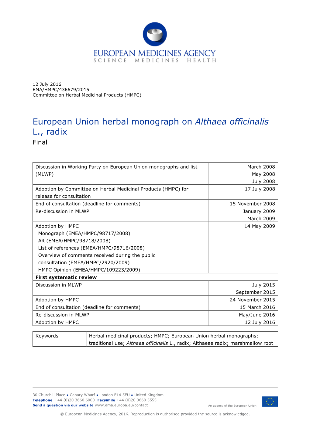 European Union Herbal Monograph on Althaea Officinalis L., Radix Final