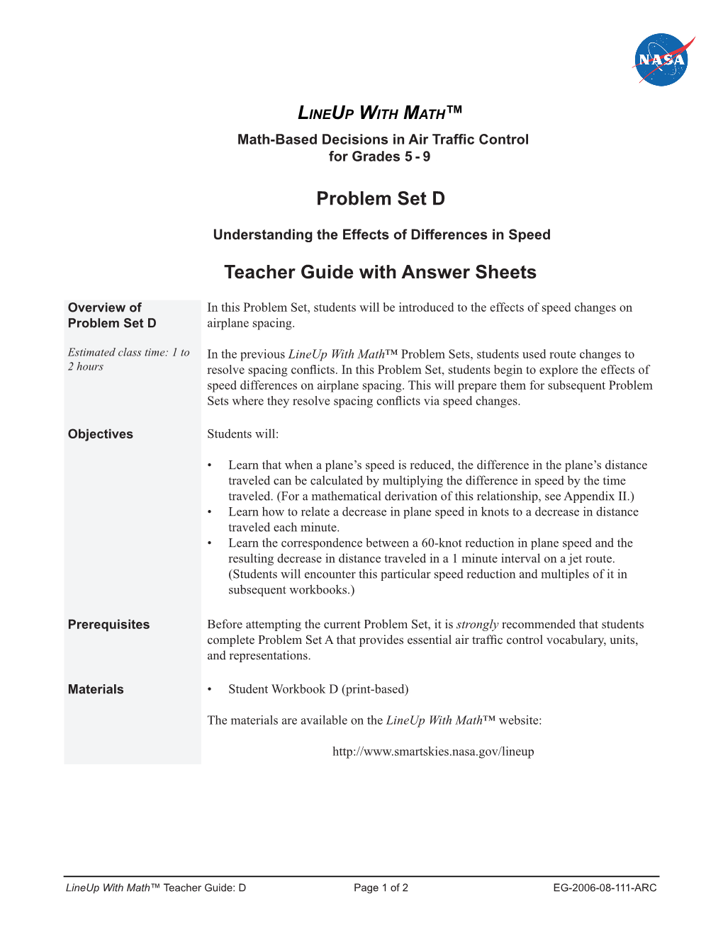 Problem Set D. Teacher Guide with Answer Sheets