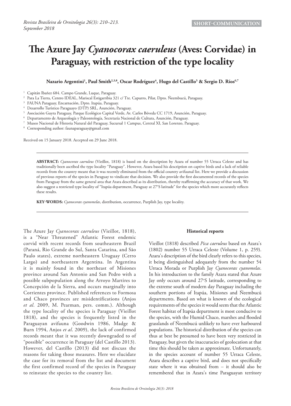 The Azure Jay Cyanocorax Caeruleus (Aves: Corvidae) in Paraguay, with Restriction of the Type Locality