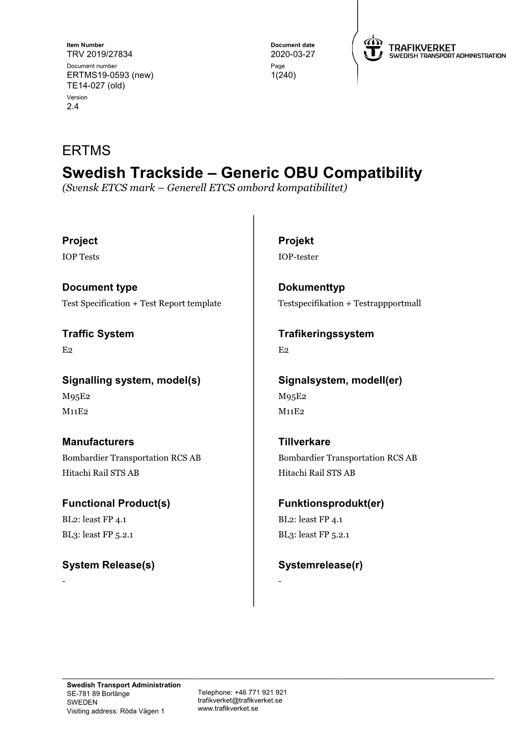 Swedish Trackside- Generic OBU Integration Test Specification