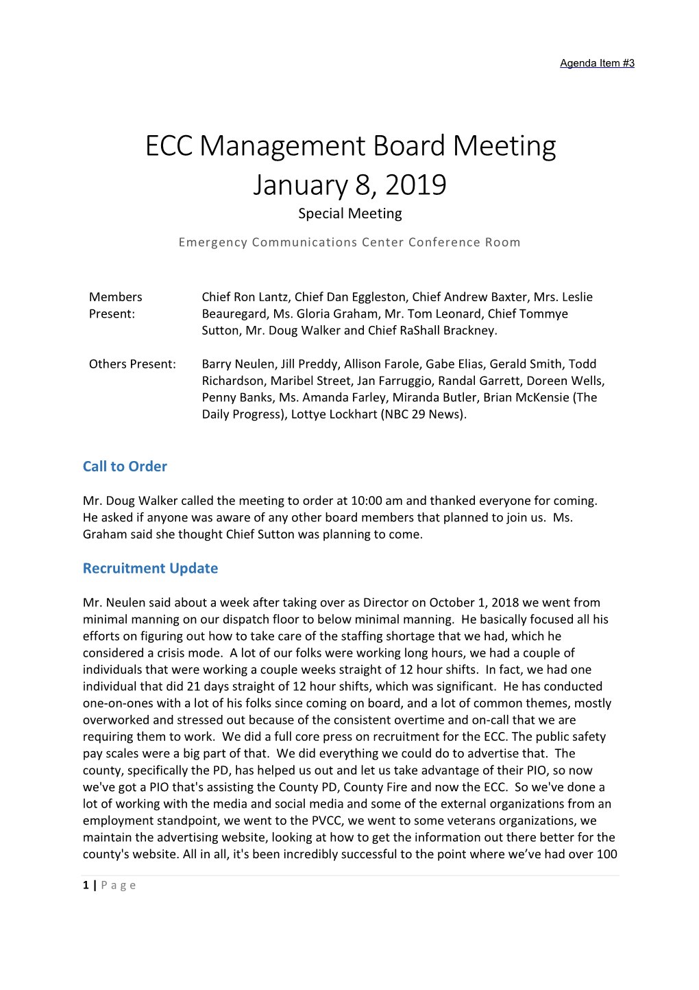 ECC Management Board Meeting January 8, 2019 Special Meeting