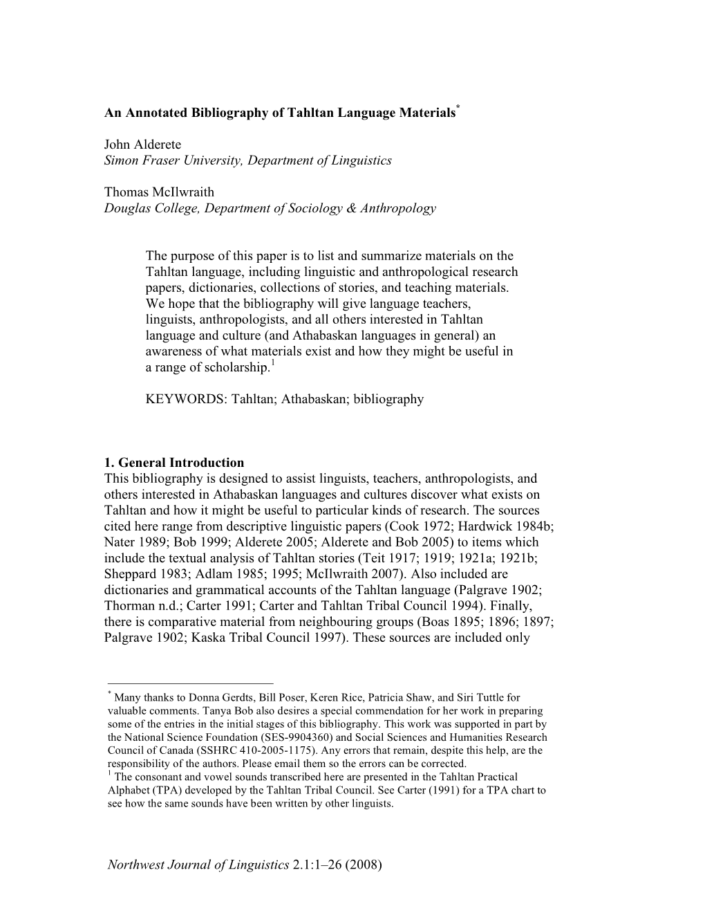 An Annotated Bibliography of Tahltan Language Materials*