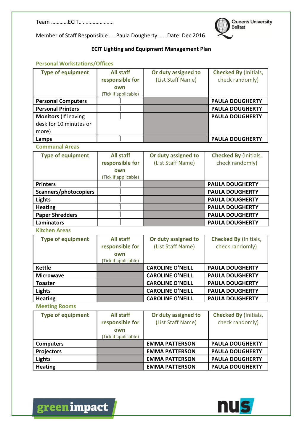 Lighting and Equipment Management Plan