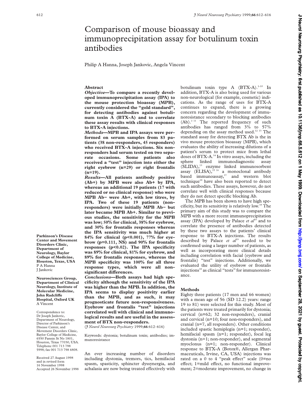 Comparison of Mouse Bioassay and Immunoprecipitation Assay for Botulinum Toxin Antibodies