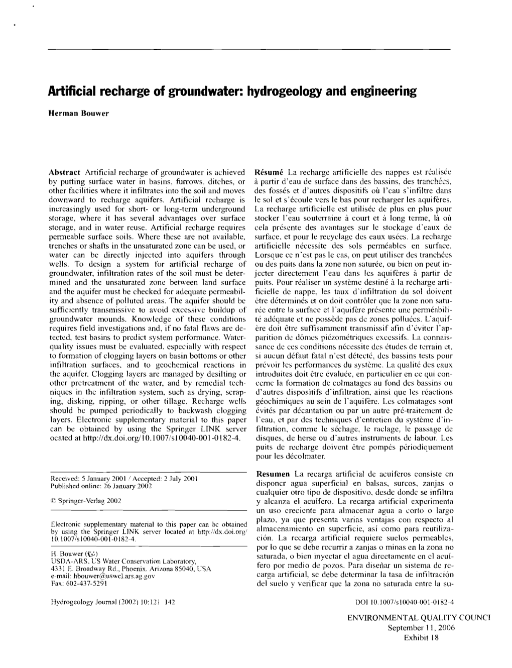 Artificial Recharge of Groundwater: Hydrogeology and Engineering