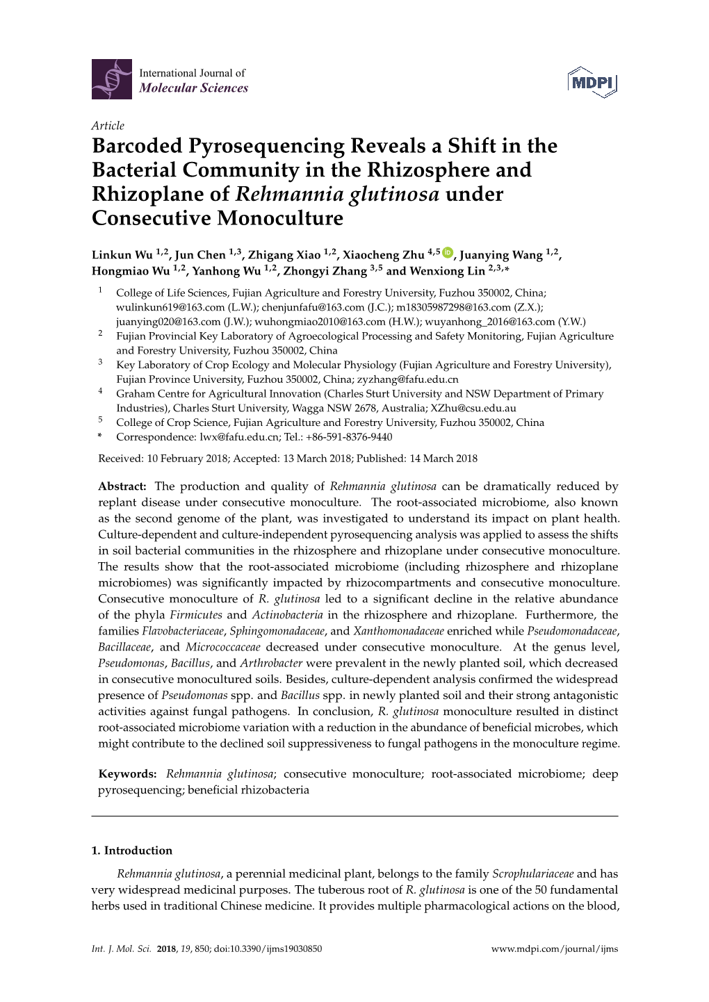 Barcoded Pyrosequencing Reveals a Shift in the Bacterial Community in the Rhizosphere and Rhizoplane of Rehmannia Glutinosa Under Consecutive Monoculture