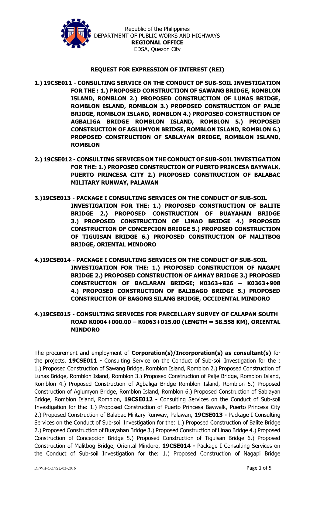 Consulting Service on the Conduct of Sub-Soil Investigation For