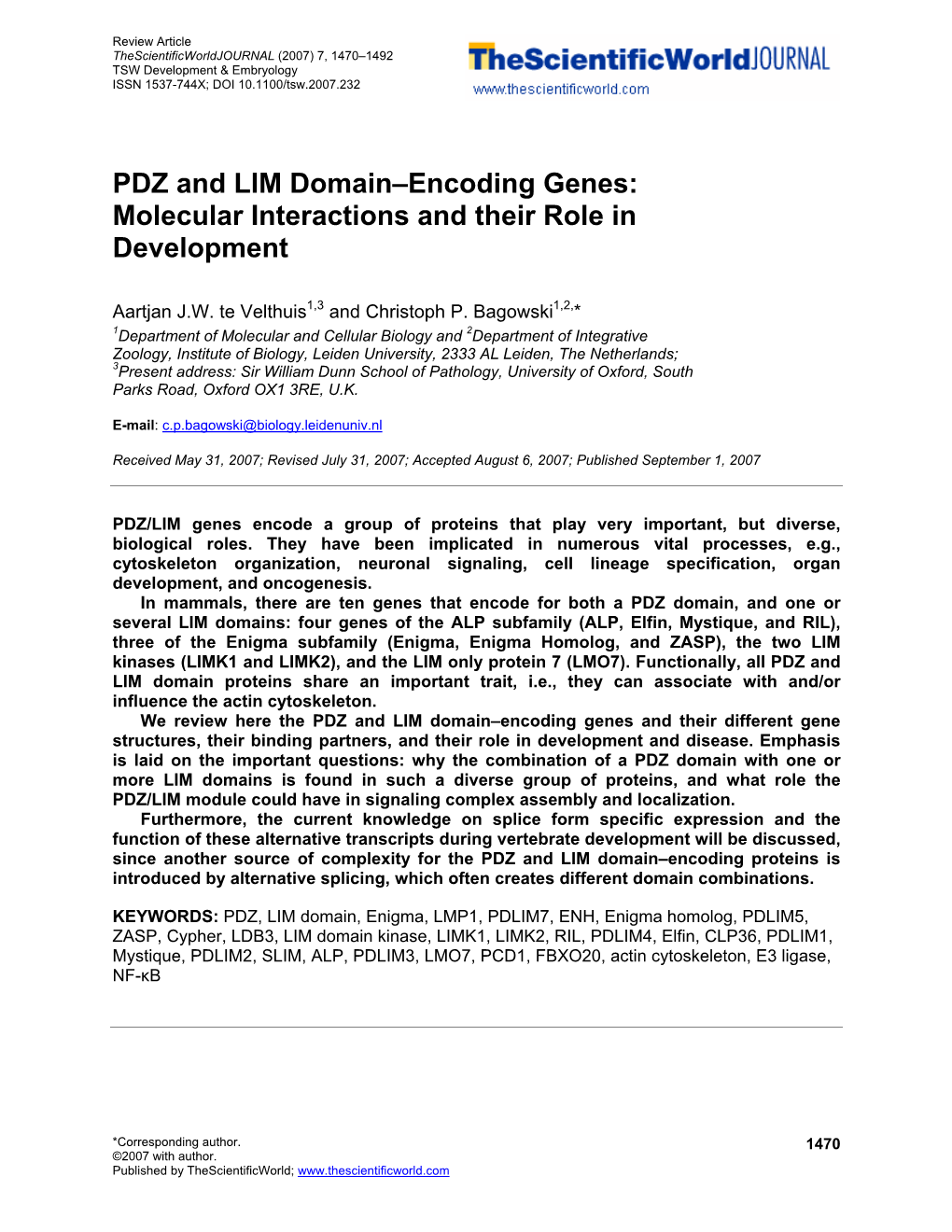 PDZ and LIM Domain–Encoding Genes: Molecular Interactions and Their Role in Development