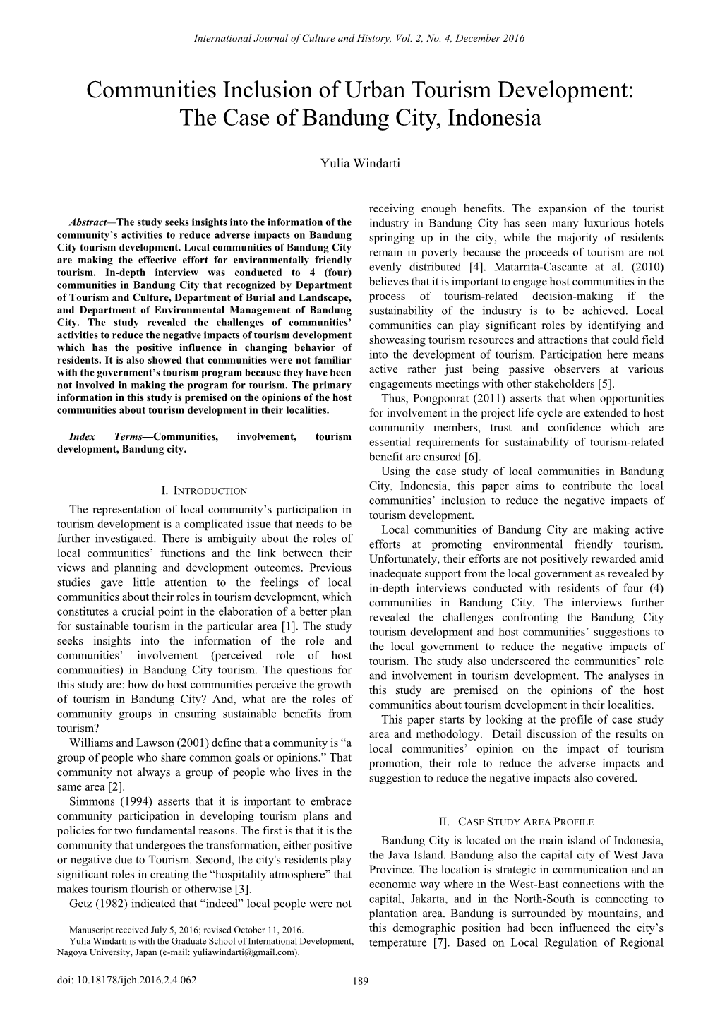 Communities Inclusion of Urban Tourism Development: the Case of Bandung City, Indonesia