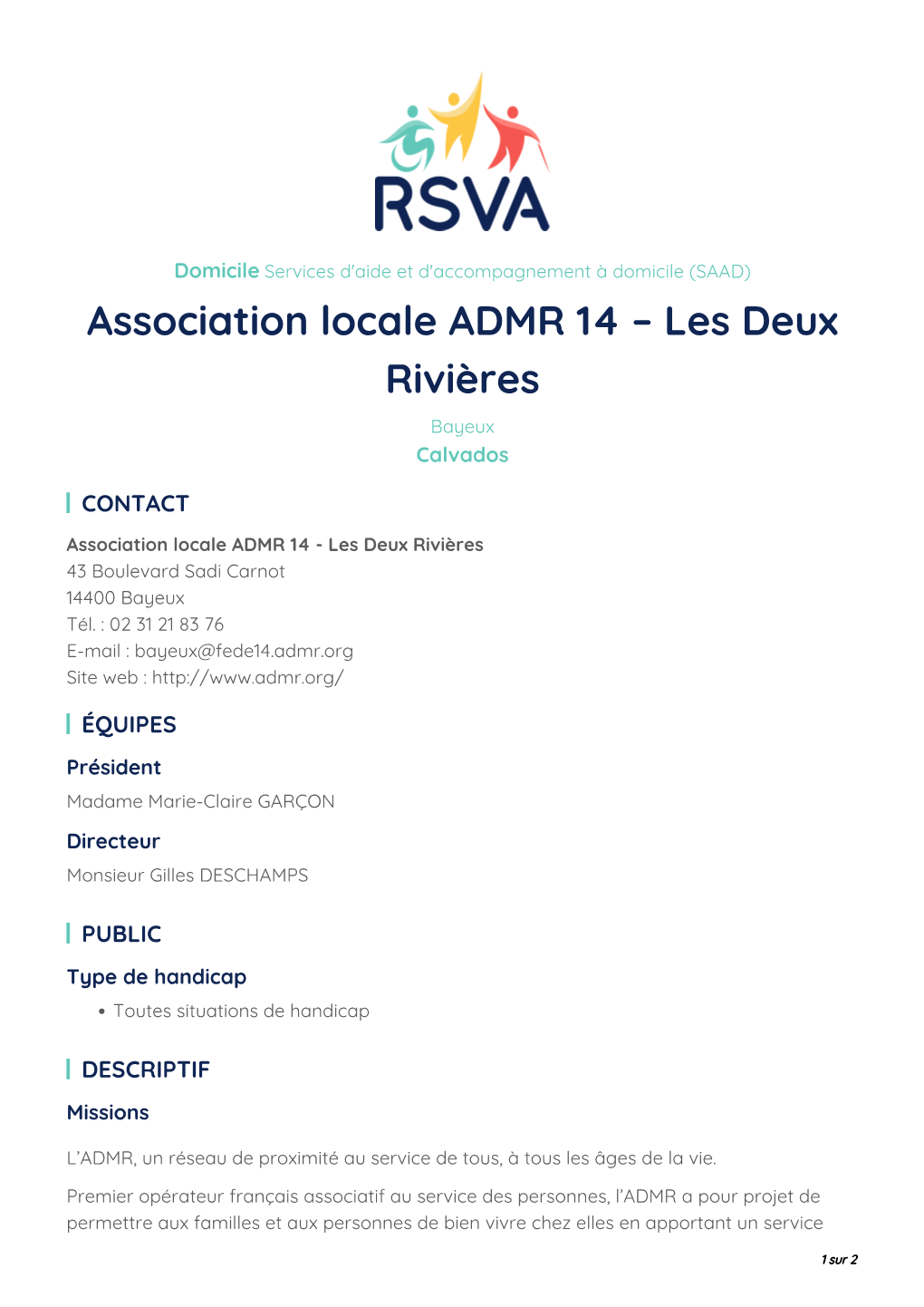 Association Locale ADMR 14 – Les Deux Rivières Bayeux Calvados