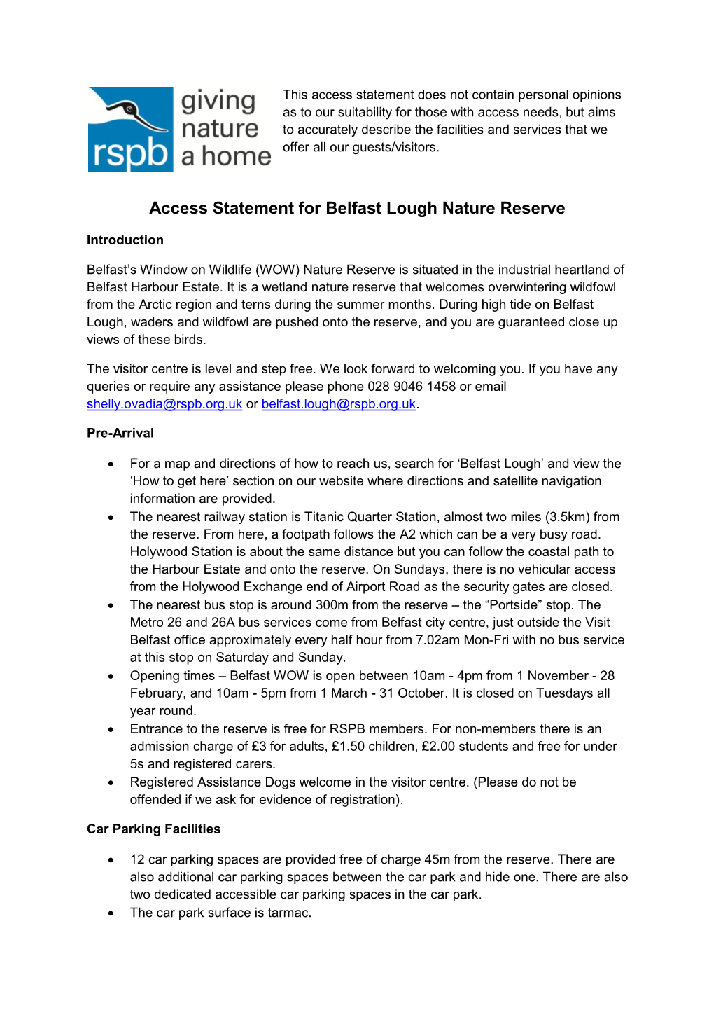 Access Statement for Belfast Lough Nature Reserve