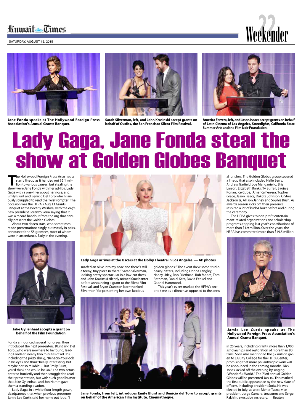 Lady Gaga, Jane Fonda Steal the Show at Golden Globes Banquet