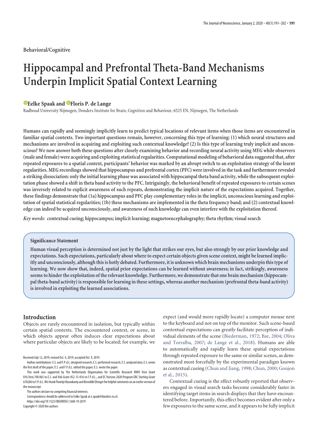 Hippocampal and Prefrontal Theta-Band Mechanisms Underpin Implicit Spatial Context Learning