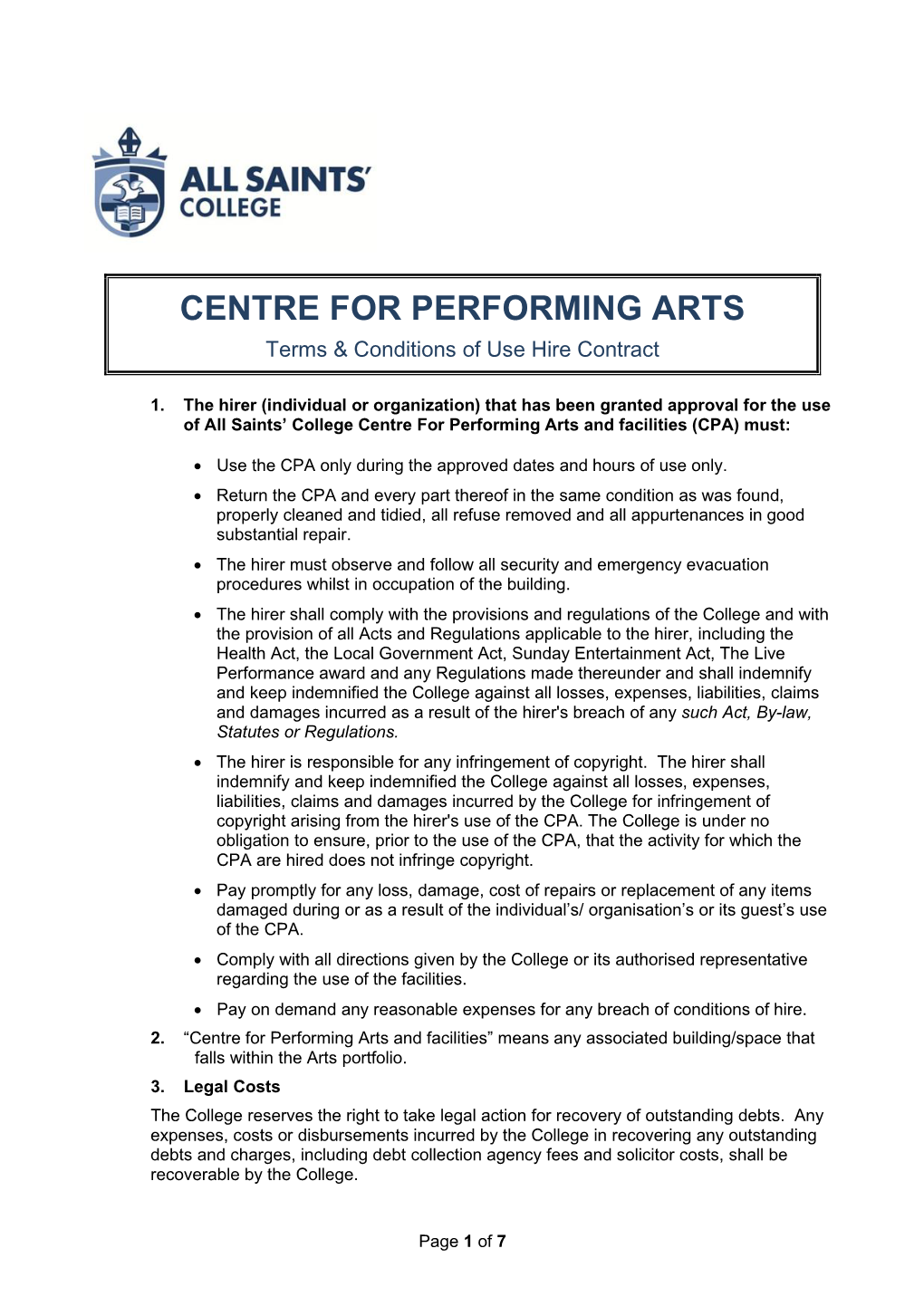 CENTRE for PERFORMING ARTS Terms & Conditions of Use Hire Contract