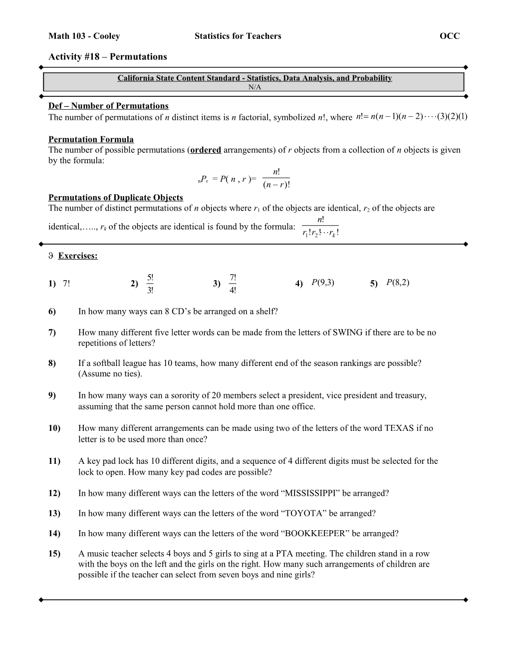 Math 103 - Cooley Statistics for Teachers OCC