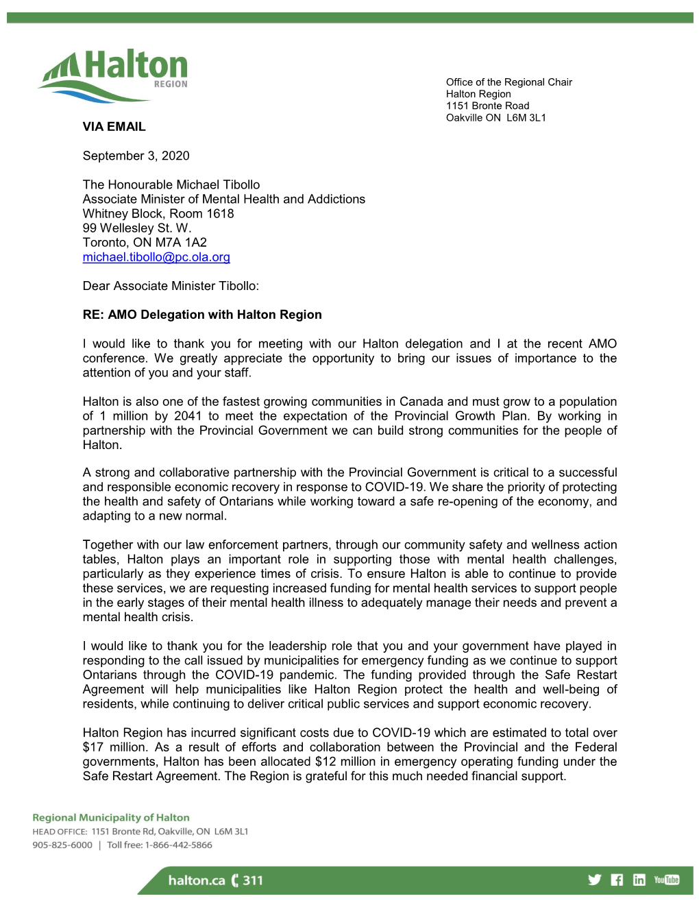 The Honourable Michael Tibollo Associate Minister of Mental Health and Addictions Whitney Block, Room 1618 99 Wellesley St