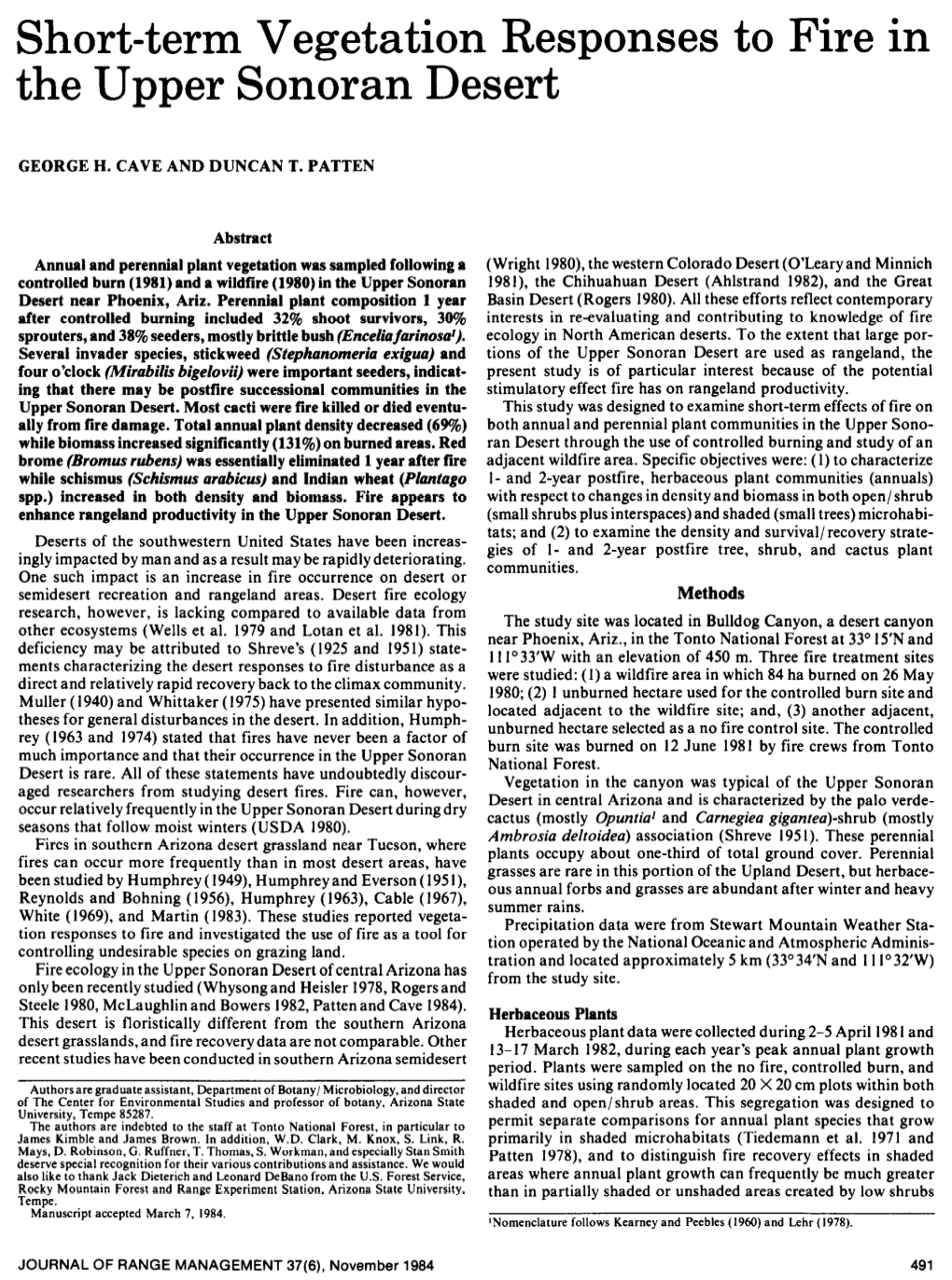 Short-Term Vegetation Responses to Fire in the Upper Sonoran Desert