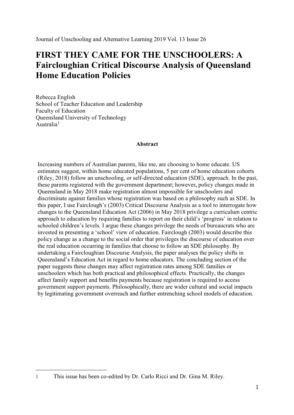 A Faircloughian Critical Discourse Analysis of Queensland Home Education Policies