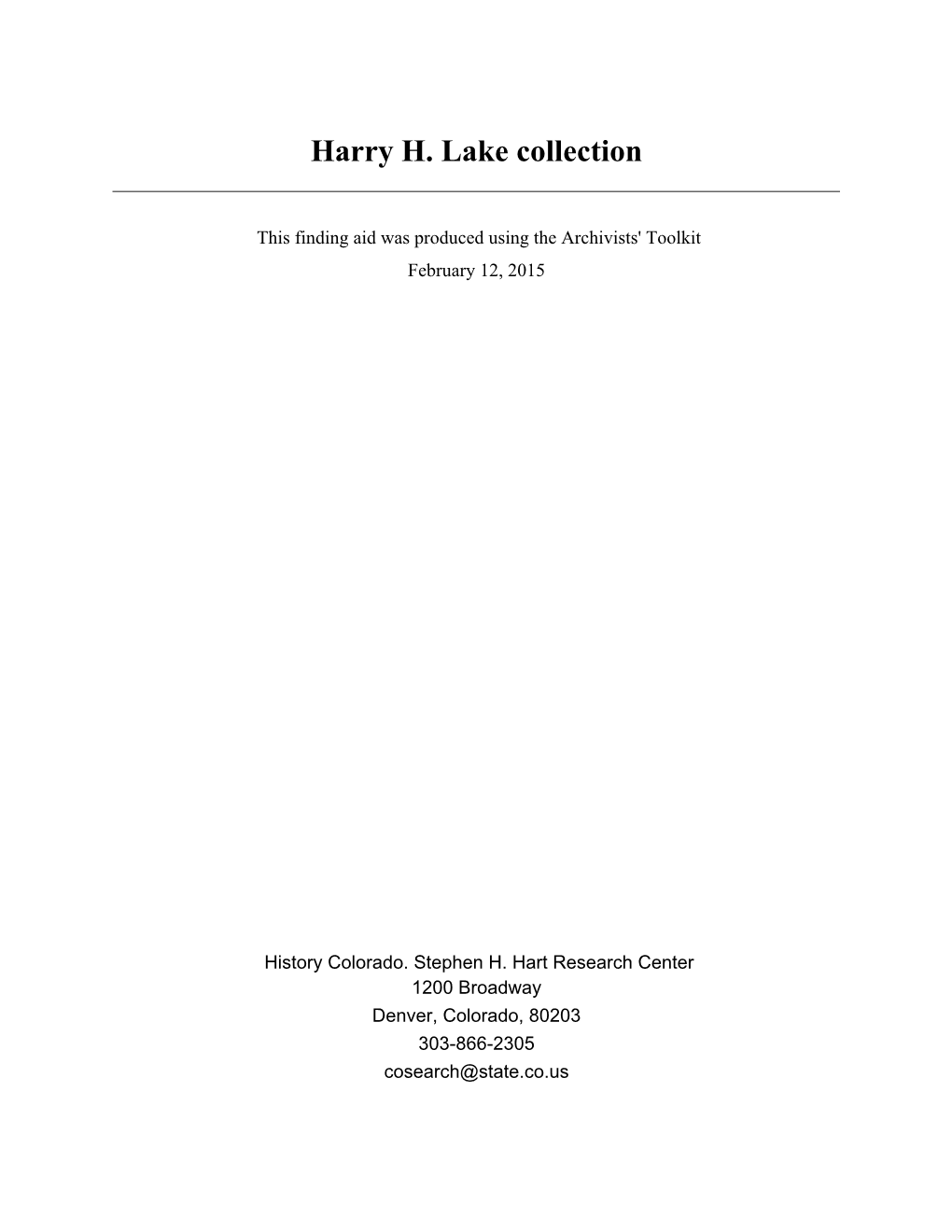 Harry H. Lake Collection