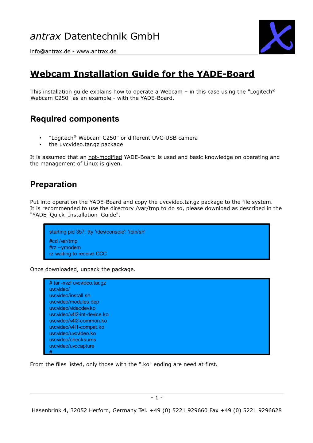 Webcam Installation Guide for the YADE-Board