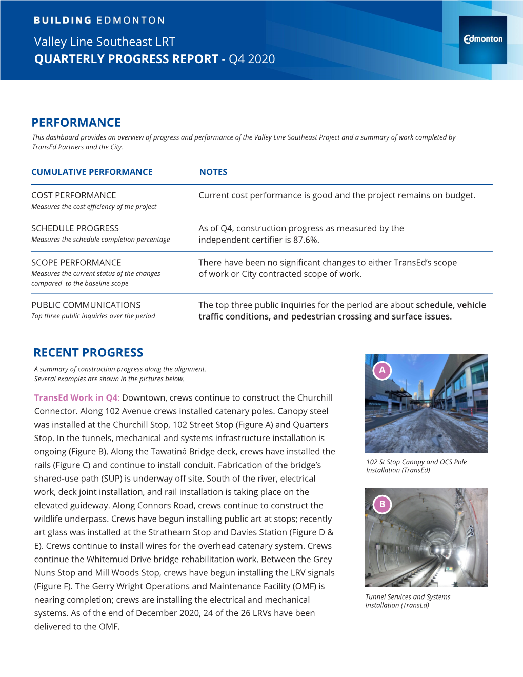 Valley Line Southeast LRT: Quarter 4 2020 Progress Report