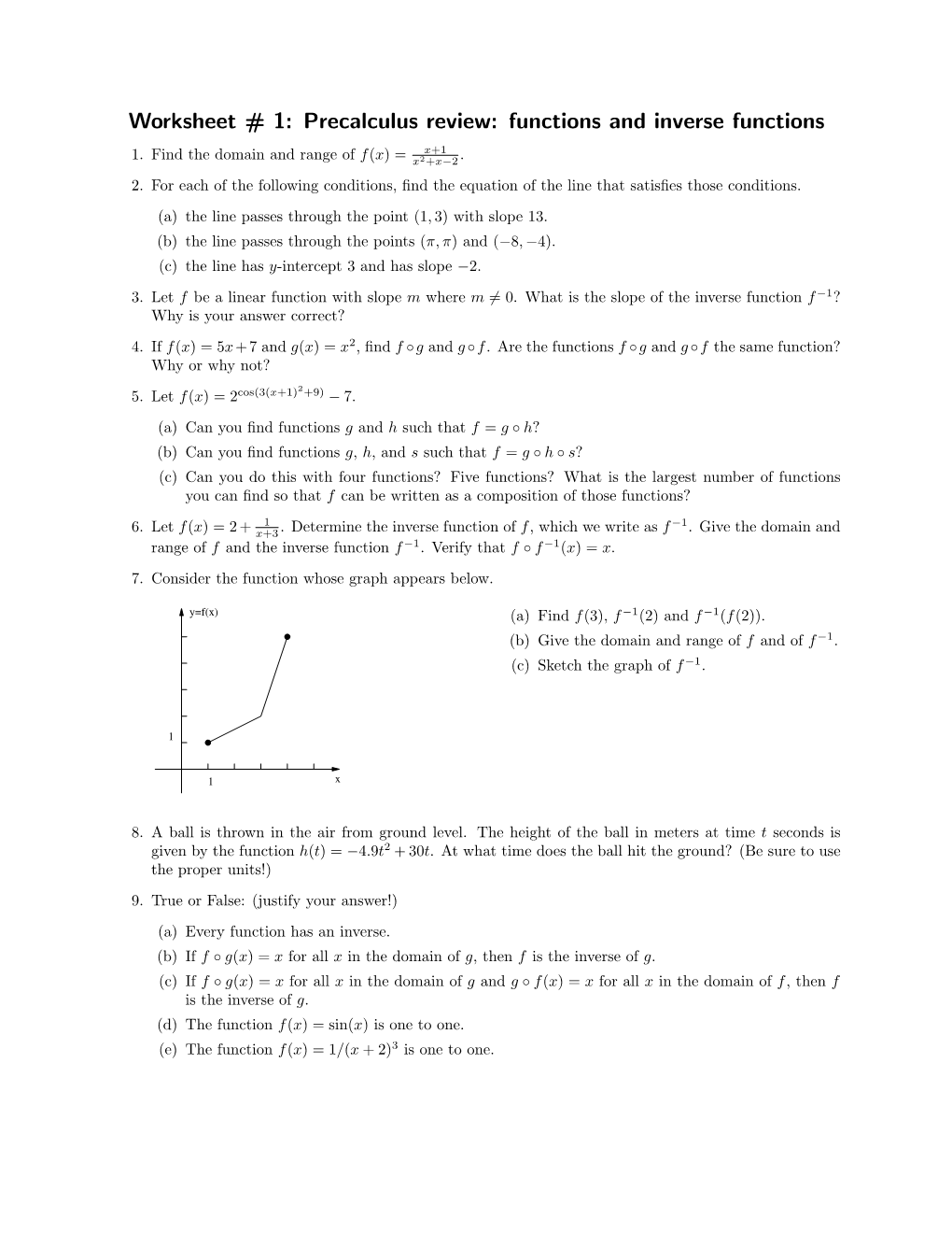 Worksheet # 1: Precalculus Review: Functions and Inverse Functions