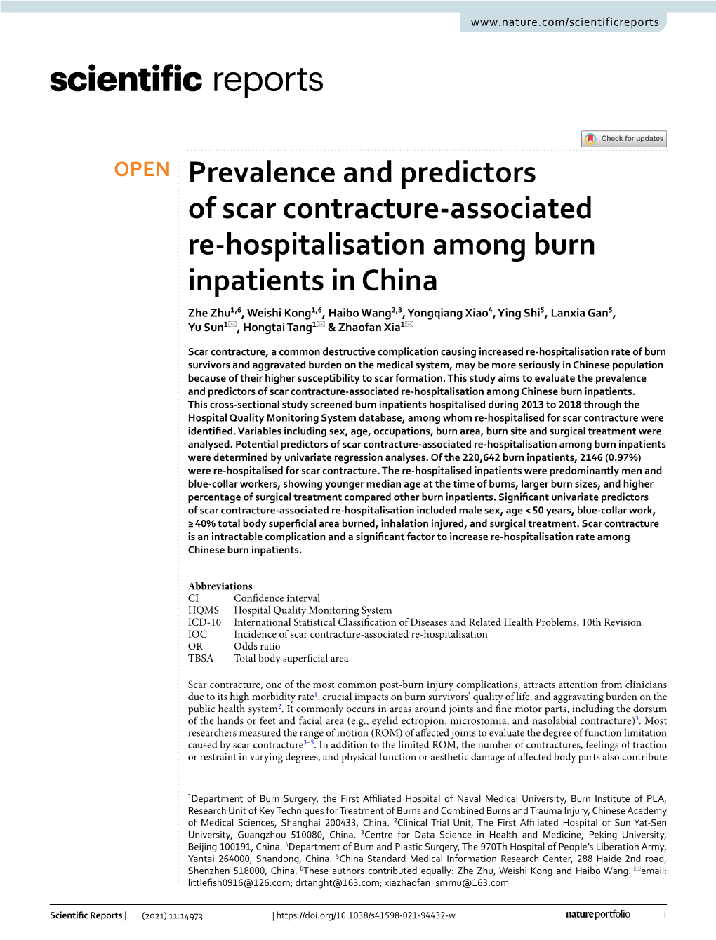 Prevalence and Predictors of Scar Contracture-Associated Re-Hospitalisation Among Chinese Burn Inpatients
