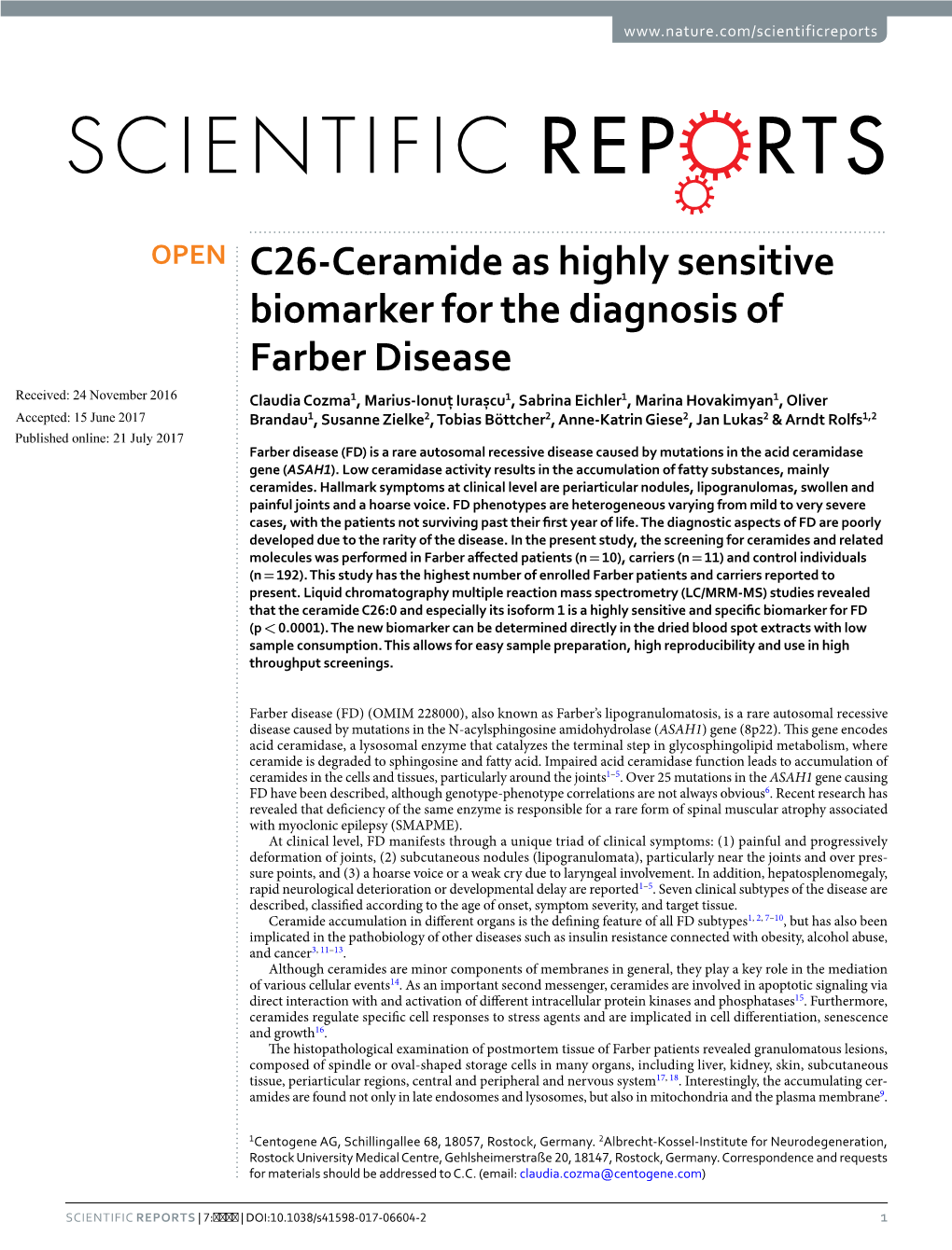 C26-Ceramide As Highly Sensitive Biomarker for the Diagnosis Of