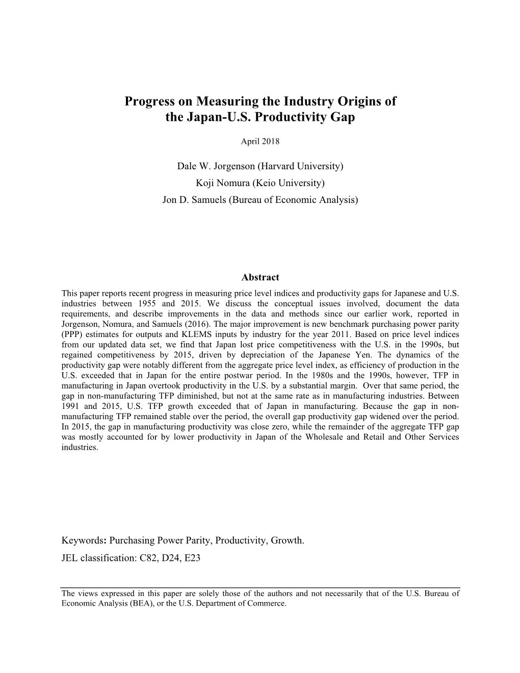 Progress on Measuring the Industry Origins of the Japan-U.S. Productivity Gap