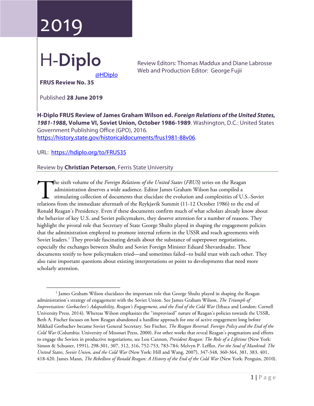 H-Diplo FRUS Review No. 34