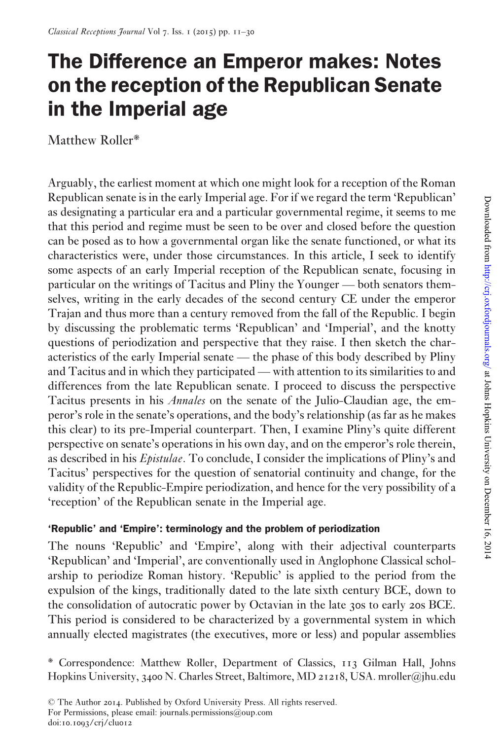 The Difference an Emperor Makes: Notes on the Reception of the Republican Senate in the Imperial Age