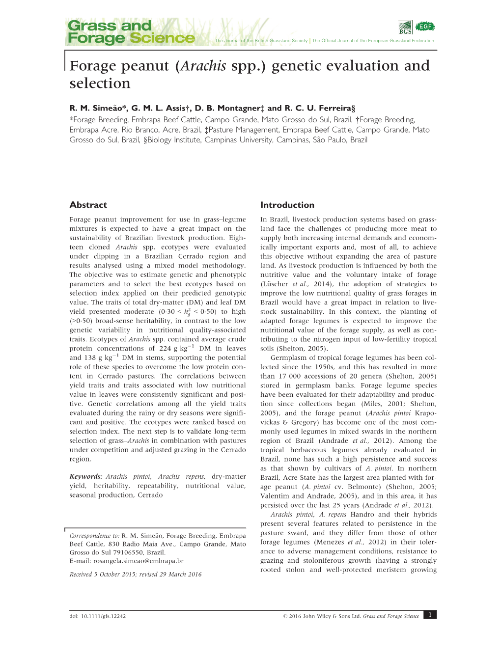 Forage Peanut (Arachis Spp.) Genetic Evaluation and Selection