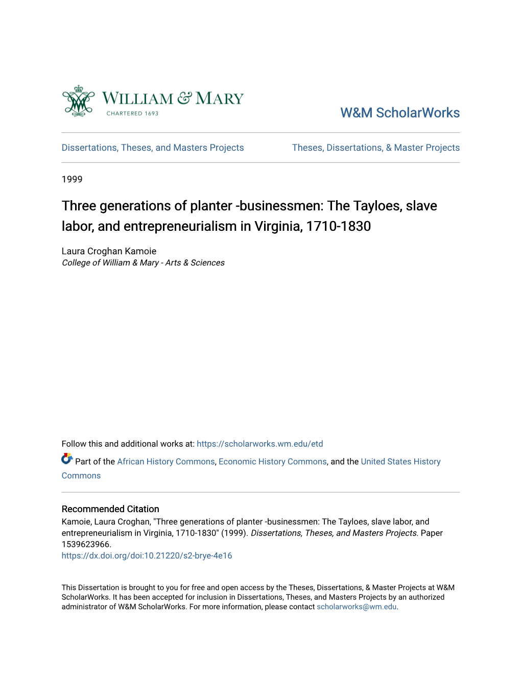 The Tayloes, Slave Labor, and Entrepreneurialism in Virginia, 1710-1830