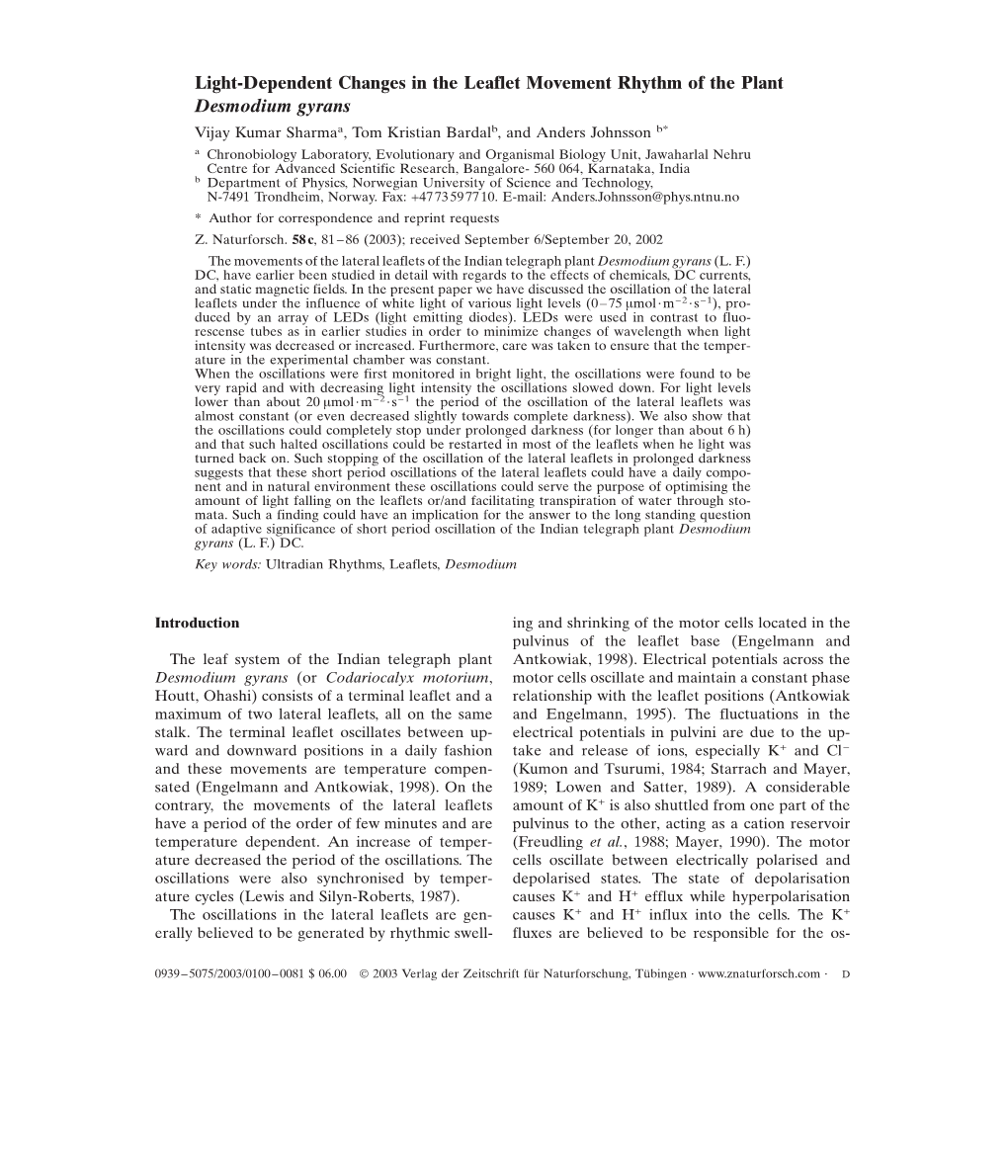 Light-Dependent Changes in the Leaflet Movement Rhythm of the Plant Desmodium Gyrans