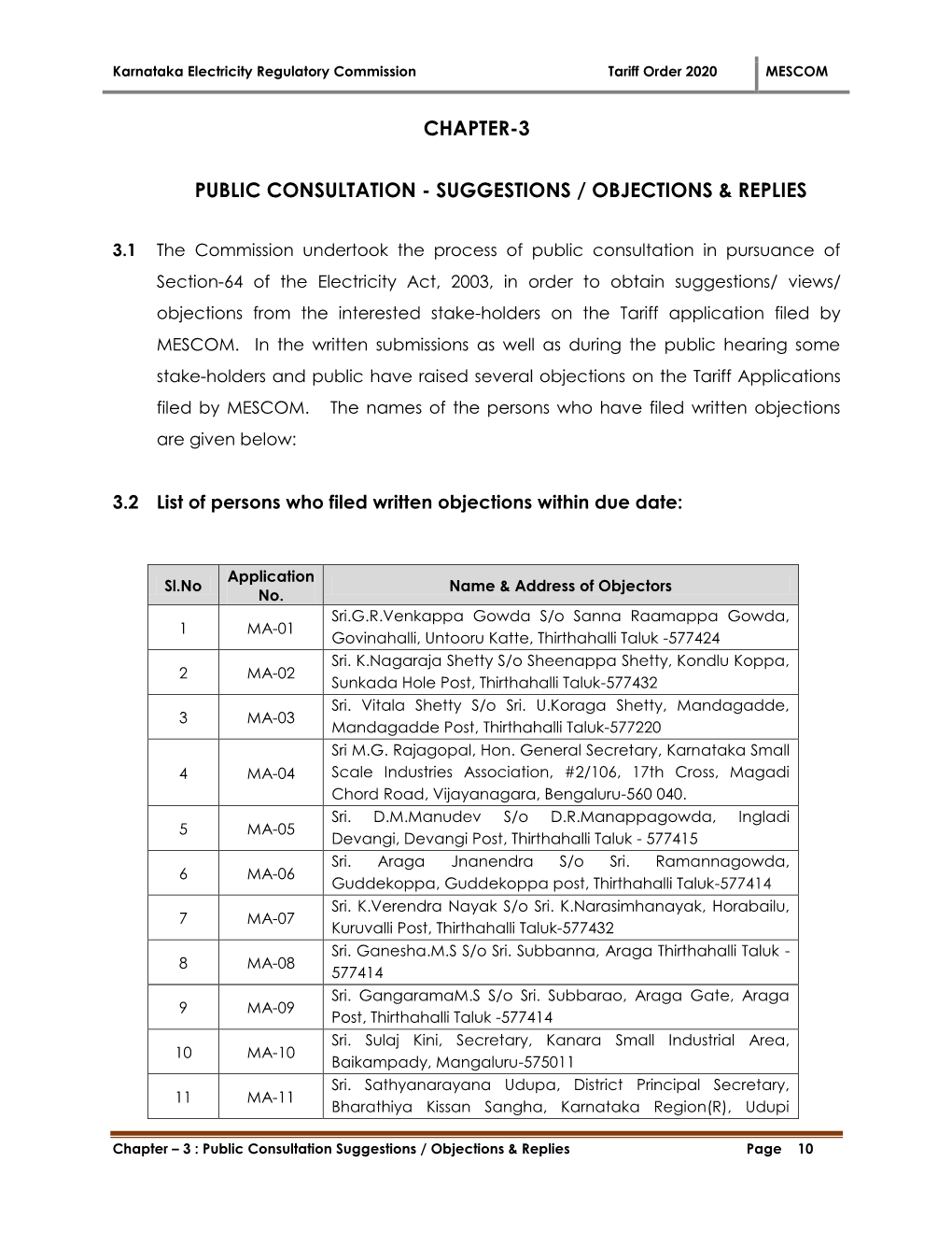 Karnataka Electricity Regulatory Commission Tariff Order 2020 MESCOM