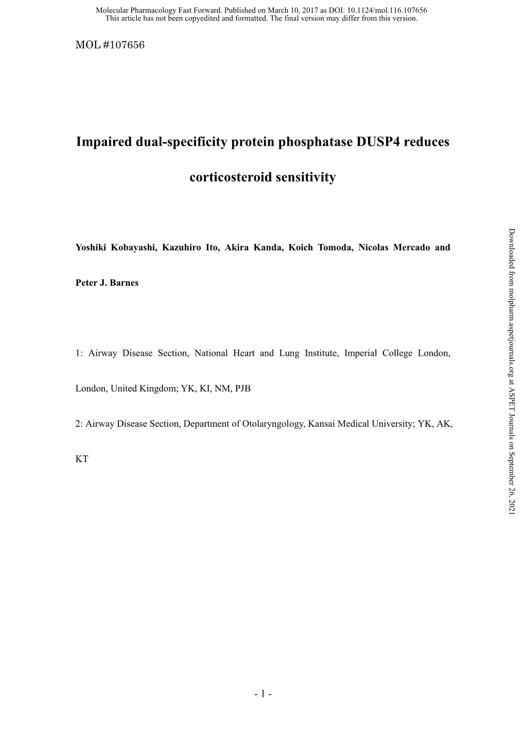 Impaired Dual-Specificity Protein Phosphatase DUSP4 Reduces