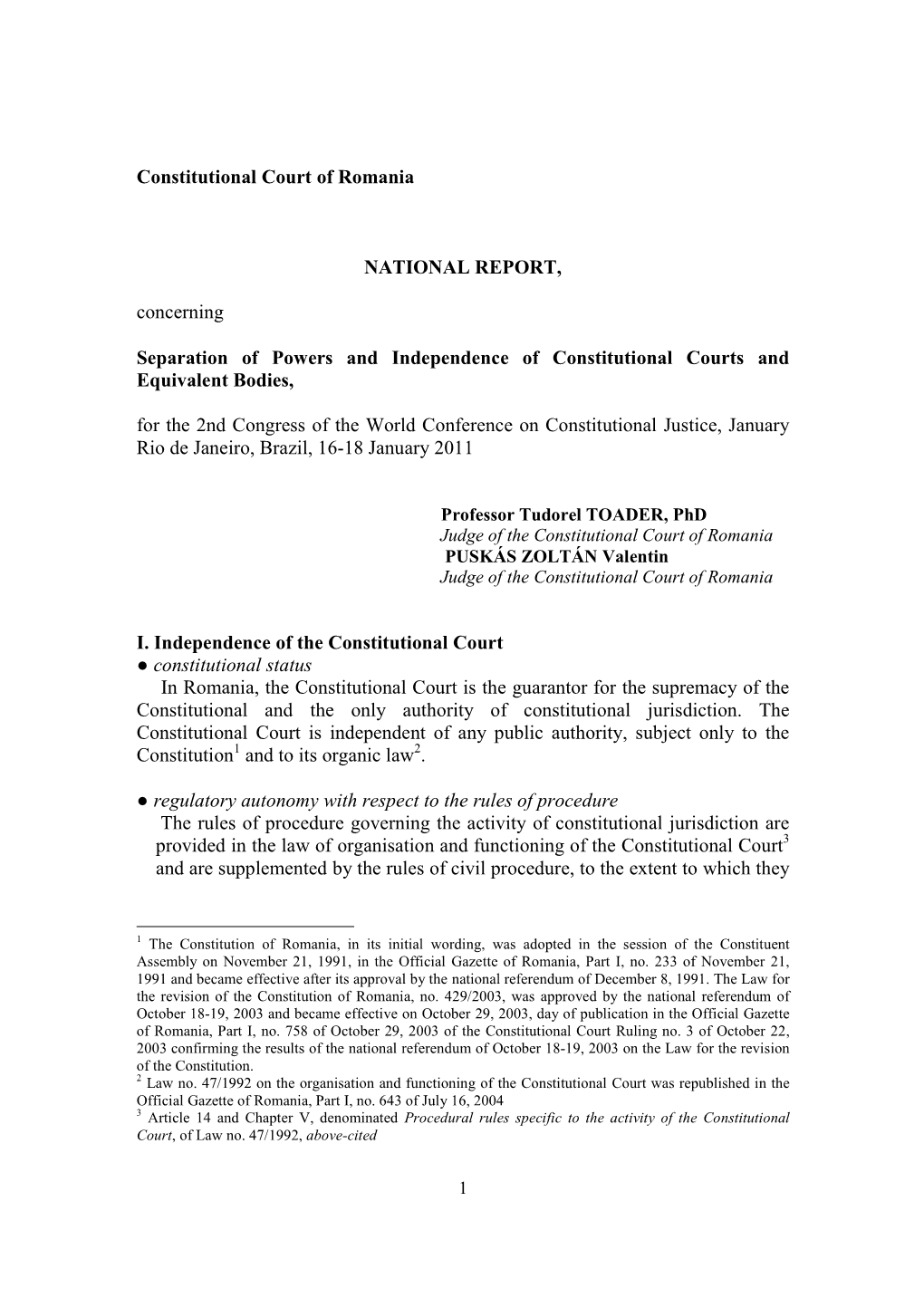 Constitutional Court of Romania NATIONAL REPORT, Concerning