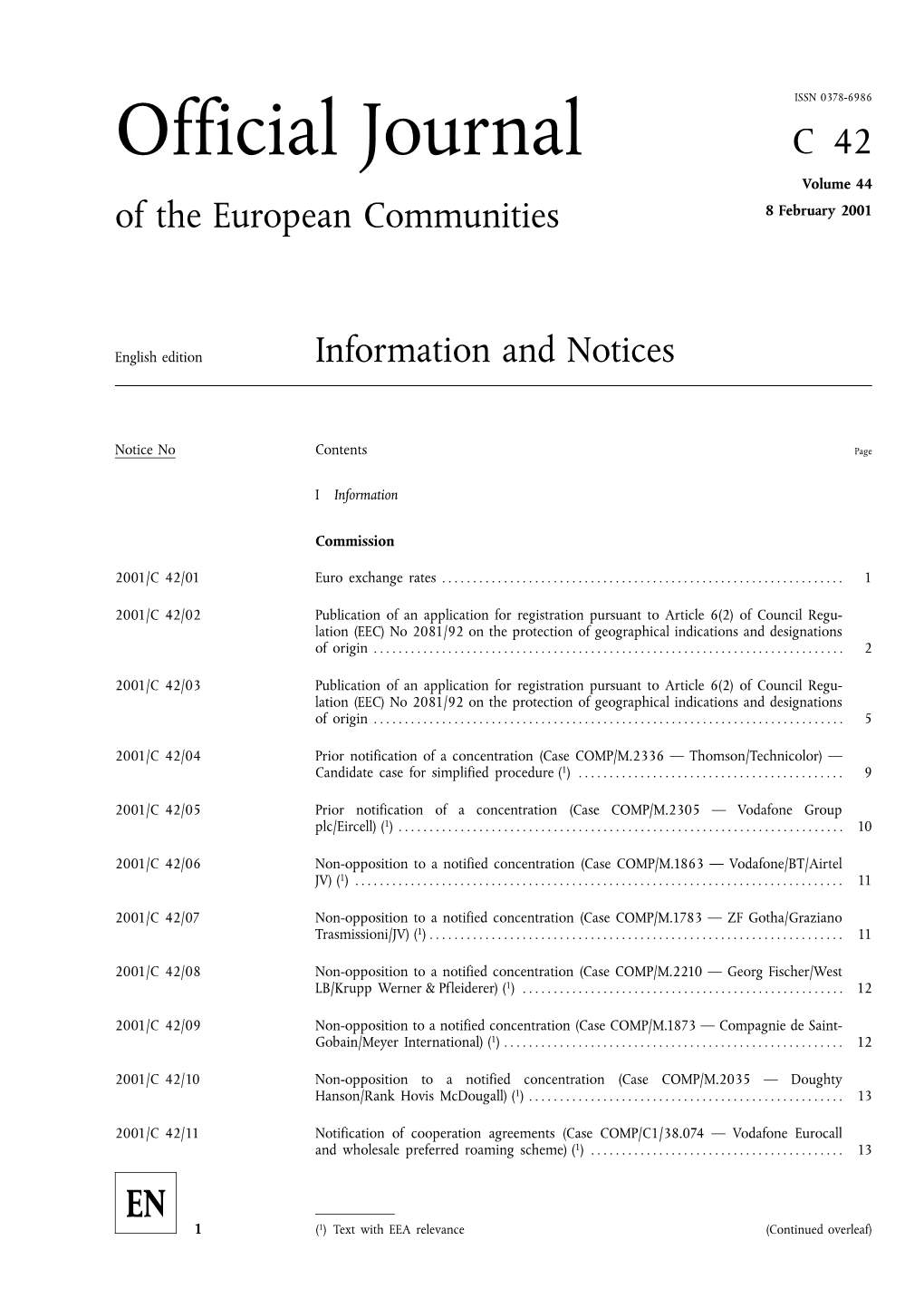 Official Journal C42 Volume 44 of the European Communities 8 February 2001