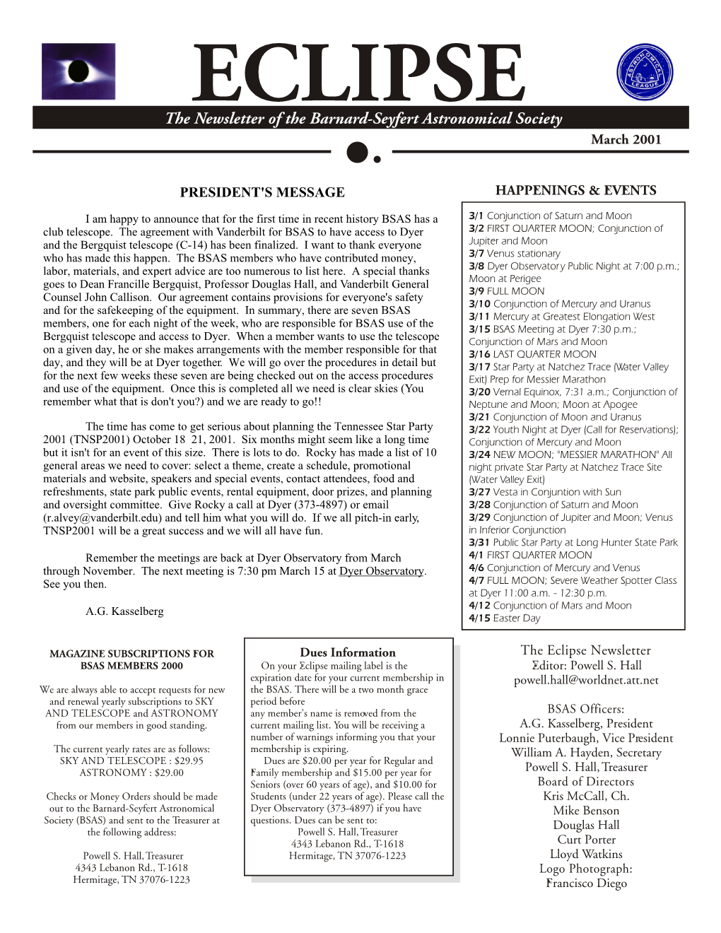 March 2001 HAPPENINGS & EVENTS the Eclipse Newsletter