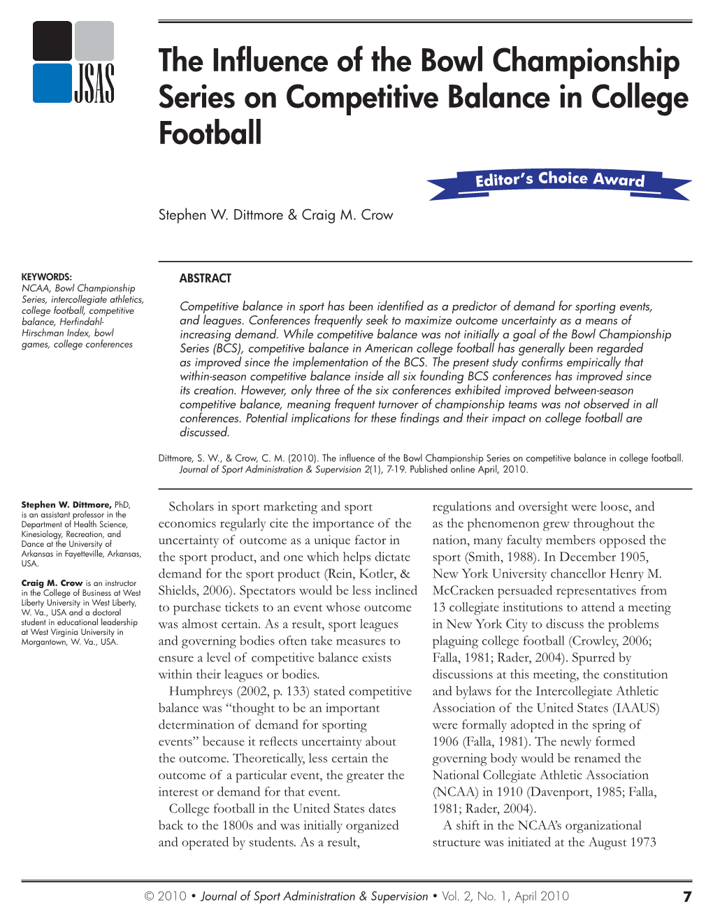 The Influence of the Bowl Championship Series on Competitive Balance in College Football