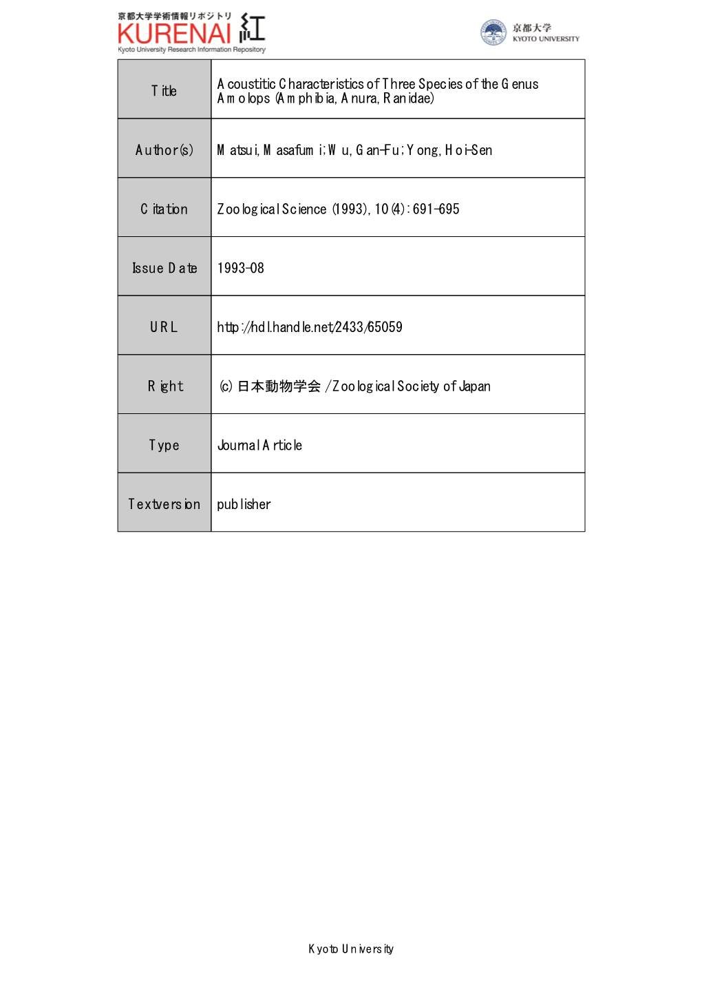 Title Acoustitic Characteristics of Three Species of the Genus Amolops (Amphibia, Anura, Ranidae) Author(S) Matsui, Masafumi; Wu