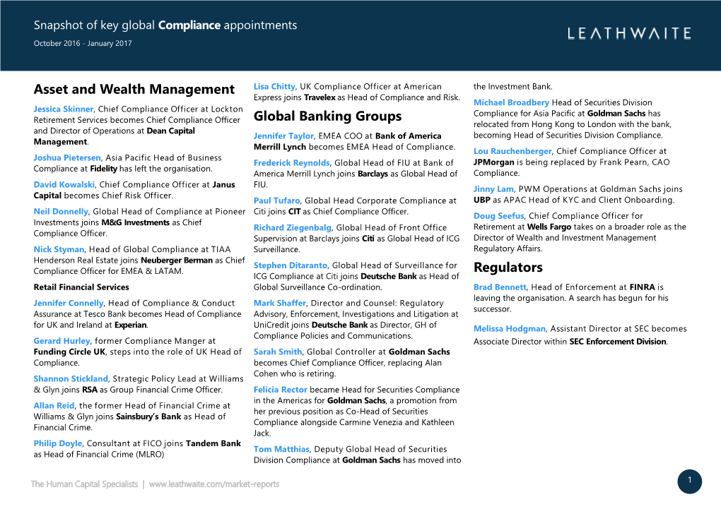 Asset and Wealth Management Global Banking Groups Regulators