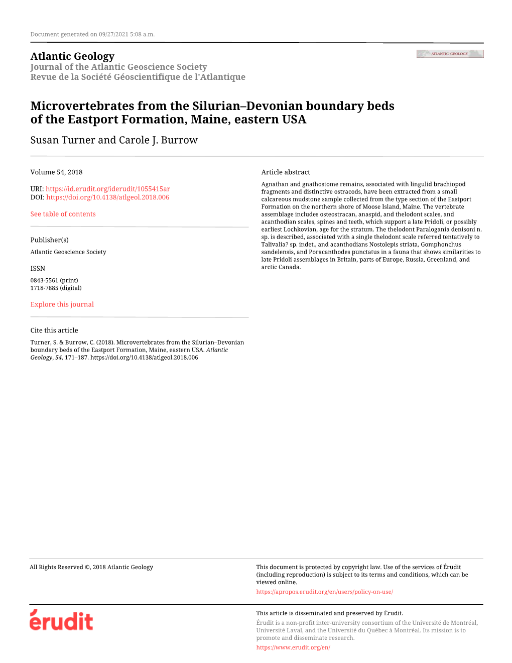 Microvertebrates from the Silurian–Devonian Boundary Beds of the Eastport Formation, Maine, Eastern USA Susan Turner and Carole J