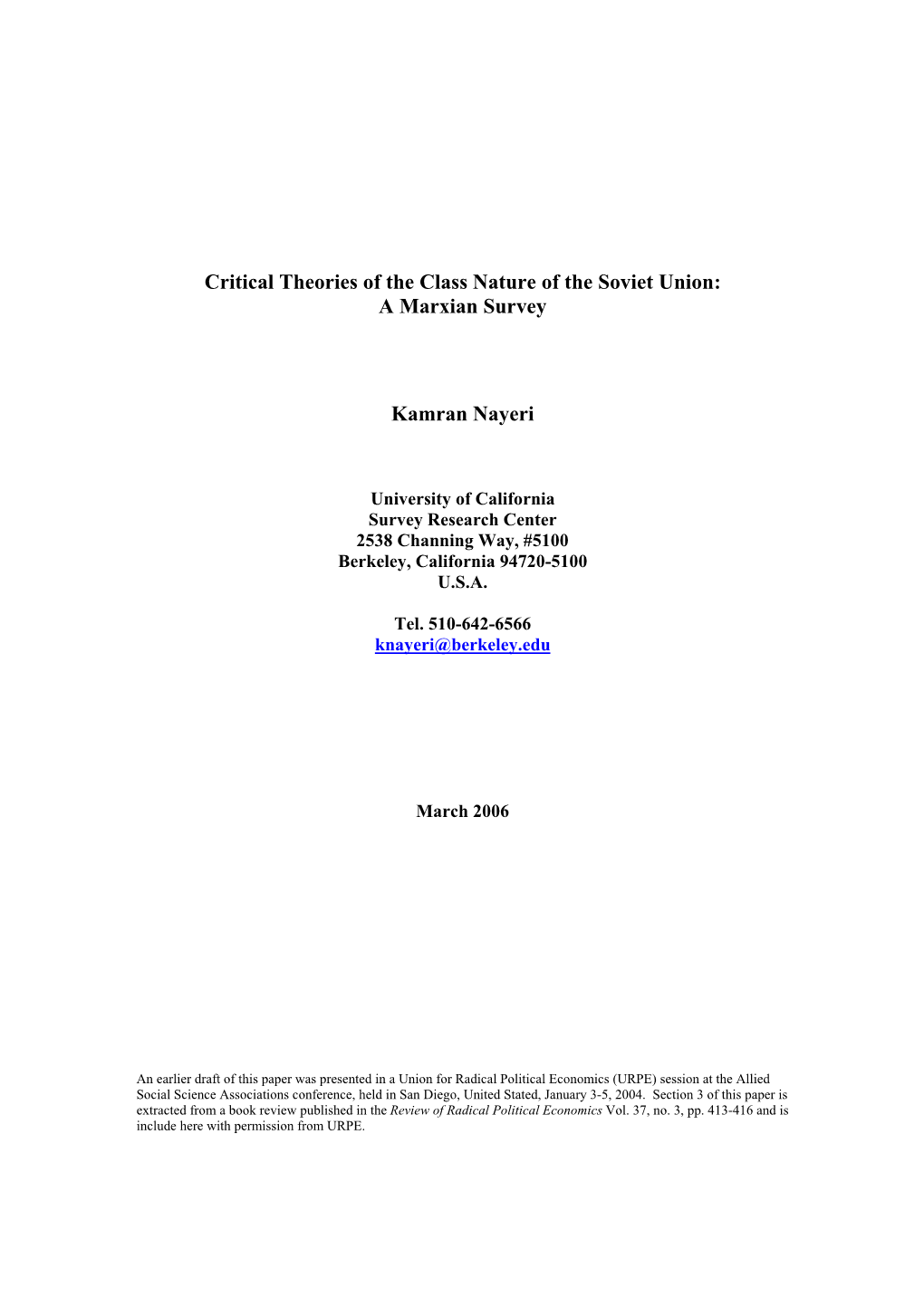 Critical Theories of the Class Nature of the Soviet Union: a Marxian Survey