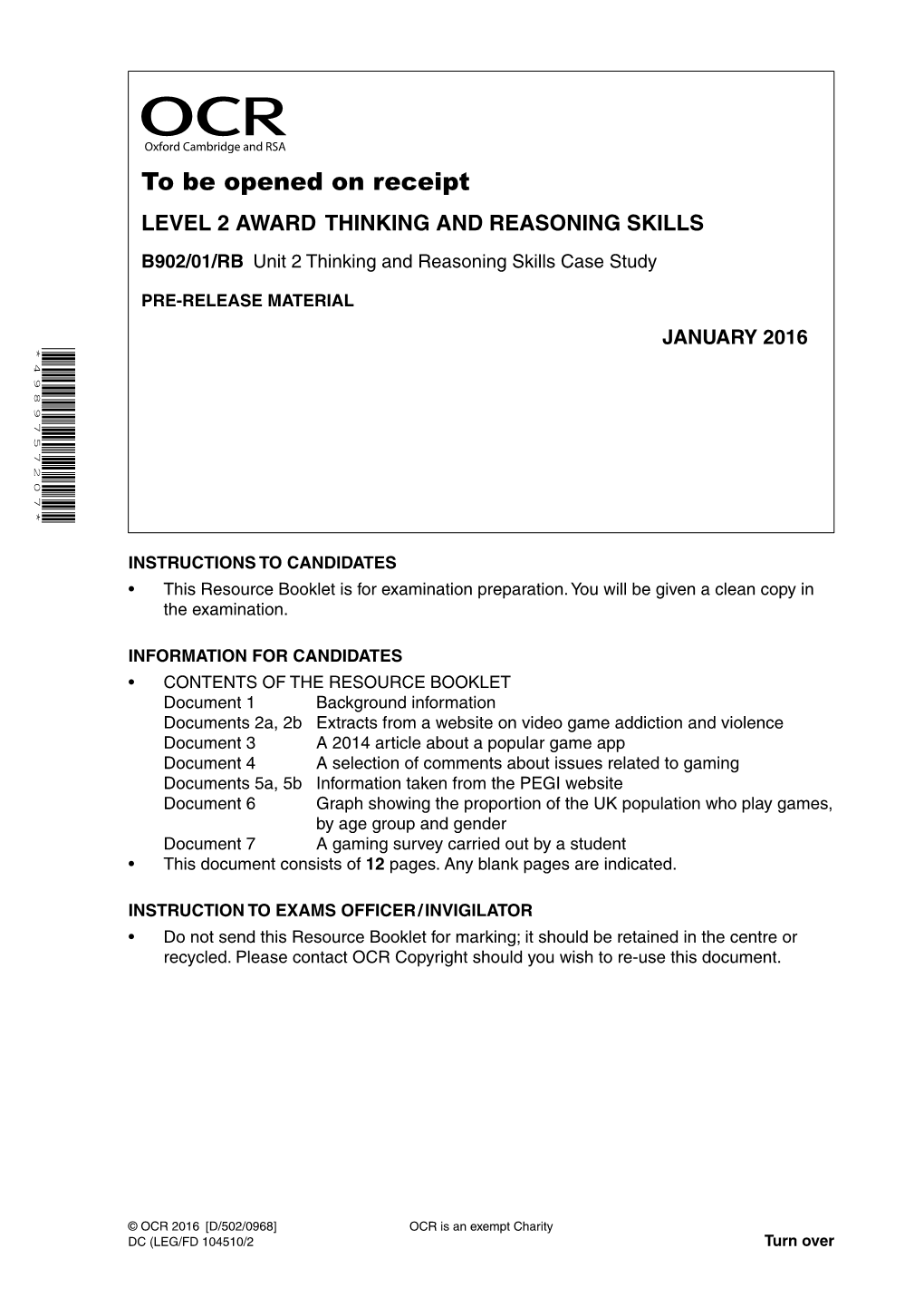 B902/01/RB Level 2 Award Thinking and Reasoning Skills January 2016