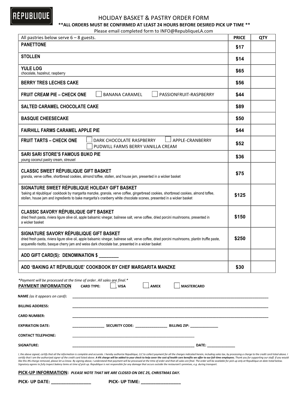 Holiday Basket & Pastry Order Form