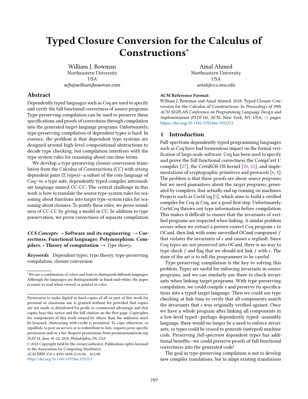 Typed Closure Conversion for the Calculus of Constructions∗ William J