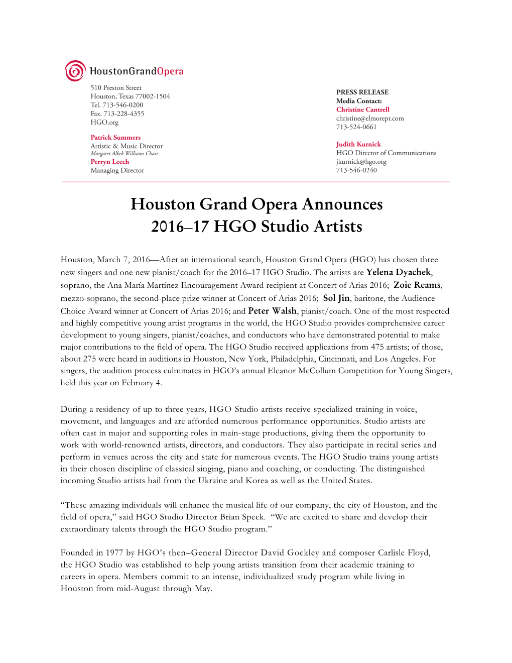 Houston Grand Opera Announces 2016–17 HGO Studio Artists
