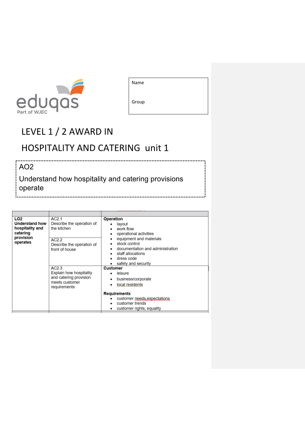 LEVEL 1 / 2 AWARD in HOSPITALITY and CATERING Unit 1